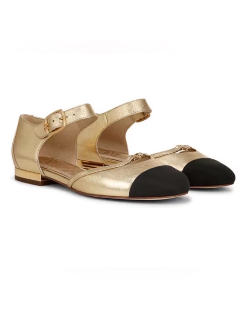 Sam Edelman Rylie Cap Toe Mary Jane Flats Metallic Gold with Black - Picture 12 of 15